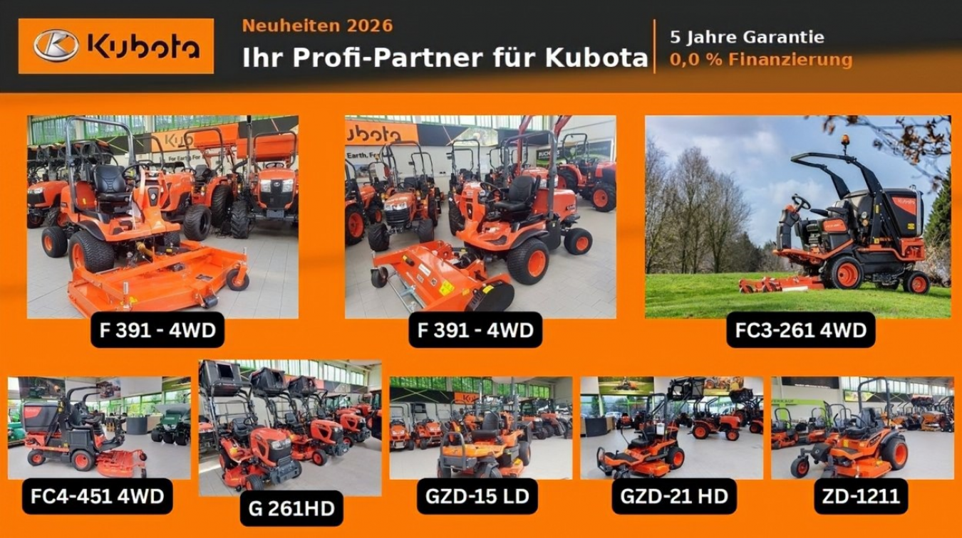 - Die Top Auswahl an Profimähern, Kompakktraktoren, Kommunaltraktoren, Anbaugeräte, Sportplatz und Grundstückspflegemaschinen, Transportfahrzeuge Kubota RTV X  - Finanzierung ab 0,0%  - 1500 Artikel Abverkauf Lagerbestand  - Kubota Kundendienst-Wartung-Se